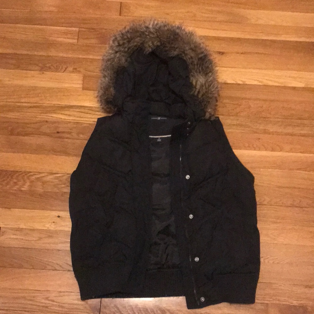 GAP Black Puff Vest with Fur Hood Sz M